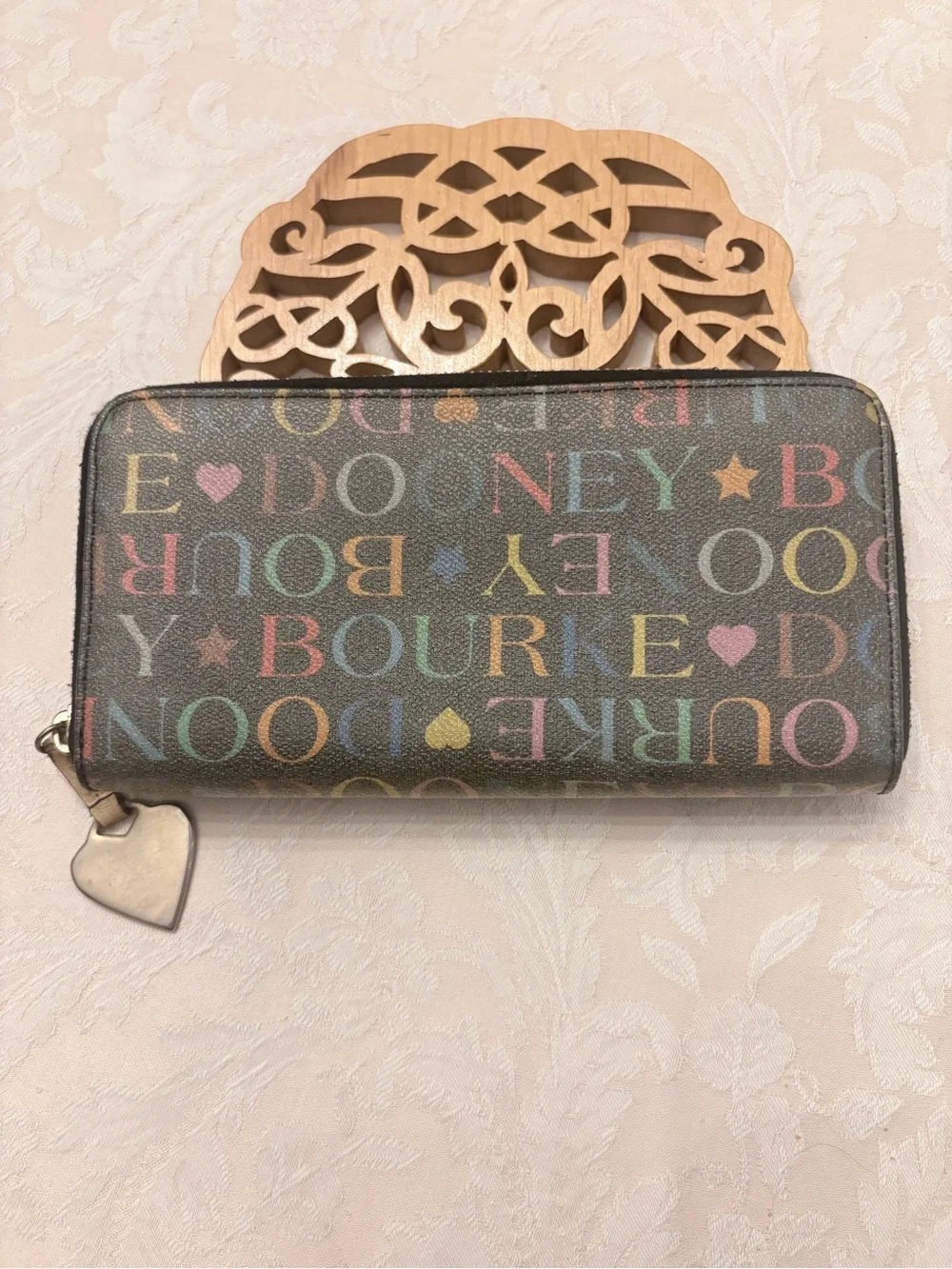 Dooney & Bourke Rainbow Monogram Zip Around Wallet w/Heart Charm - Y2K Vintage